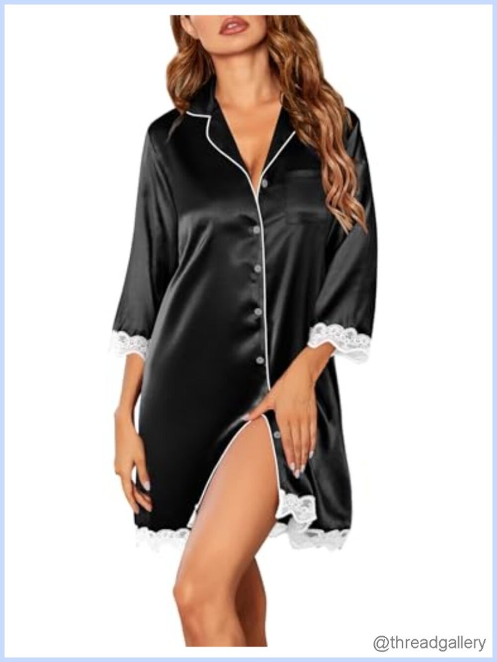 Satin Nightgown 3/4 Sleeve Button Down Sleepshirt Loose Fit Sleepwear